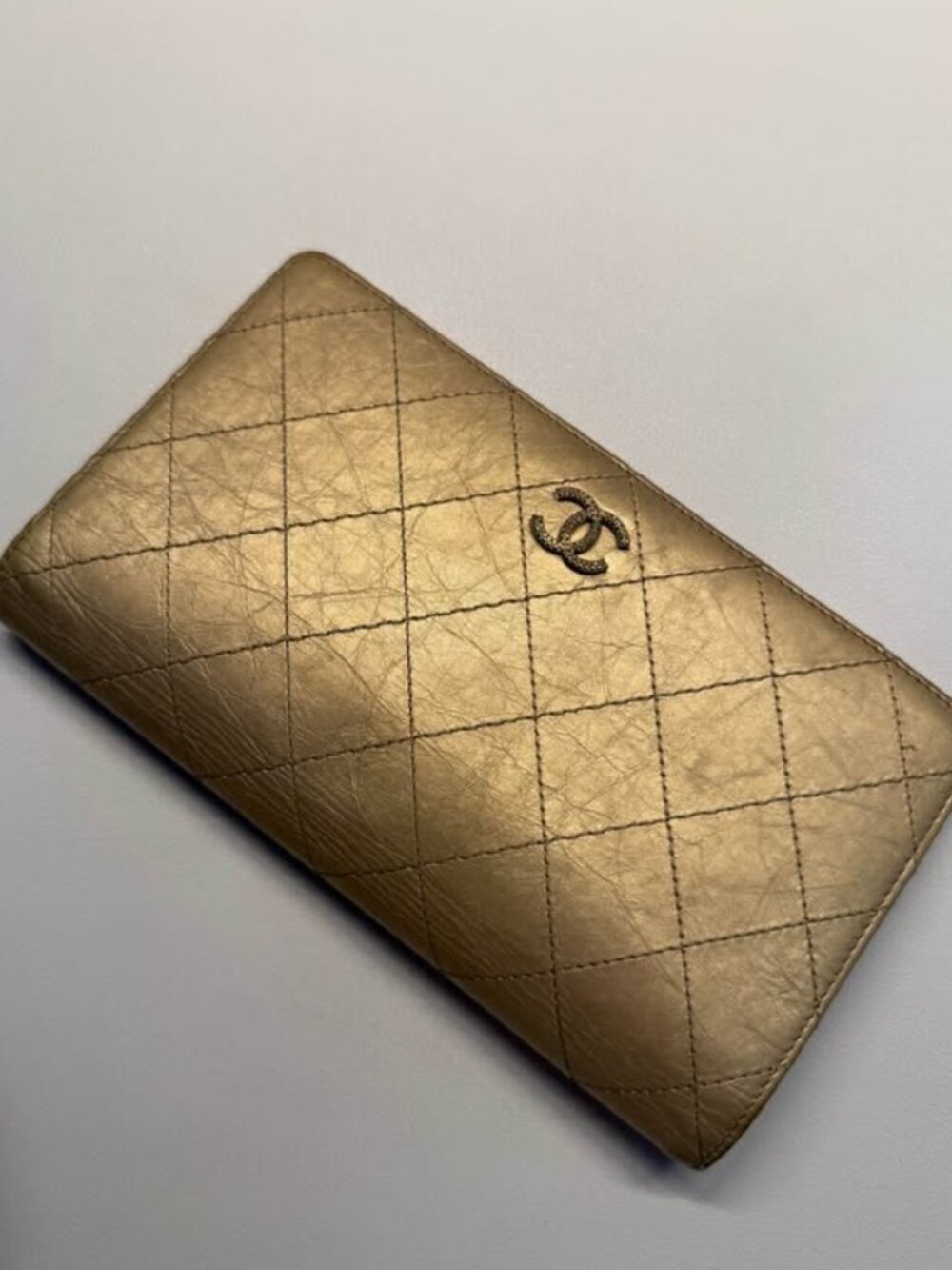 Authentic CHANEL Matelassé Bifold Long Wallet Gold